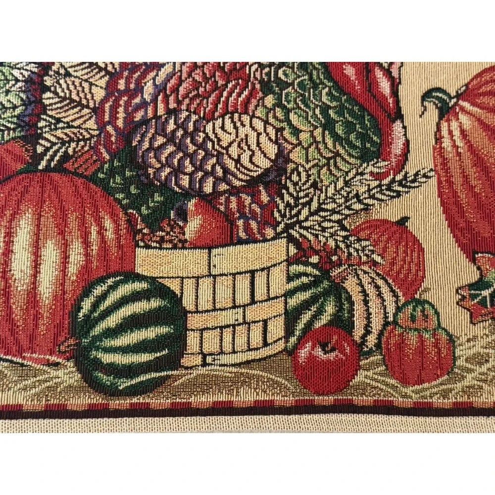 Fall/Harvest/Thanksgiving Woven‎ Tapestry Table Runner 72x13 Turkey Pumpkins EUC